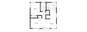 A black and white floor plan of a house with a bedroom, living area, dining area, kitchen, and bathroom.