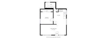A floor plan of a small apartment with a bedroom, living/dining area, kitchen, bath, and closet.