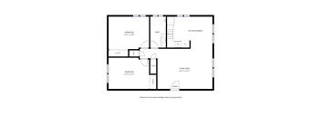 A floor plan of a house with a living area, kitchen/dining area, and two bedrooms.