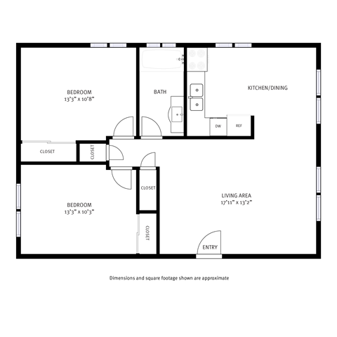 A floor plan of a house with a living area, kitchen/dining area, and two bedrooms.