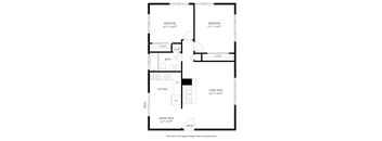 A floor plan of a house with two bedrooms, a living area, a kitchen, a dining area, a bathroom, and a patio.