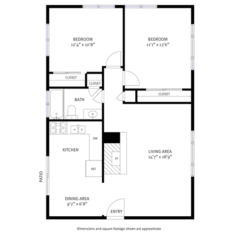 A floor plan of a house with two bedrooms, a living area, a kitchen, a dining area, a bathroom, and a patio.