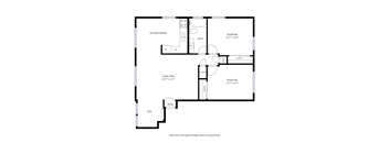 A floor plan of a home with a living area, kitchen/dining area, two bedrooms, a bathroom, and a den.