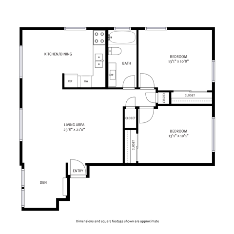 A floor plan of a home with a living area, kitchen/dining area, two bedrooms, a bathroom, and a den.