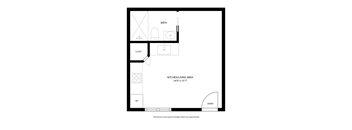 A floor plan of a small apartment with a bathroom, kitchen, and closet.
