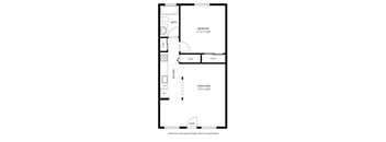 A floor plan of a small apartment with a bedroom, living area, kitchen, and bathroom.