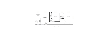 A floor plan of a house with a dining area, living area, kitchen, and two bedrooms.