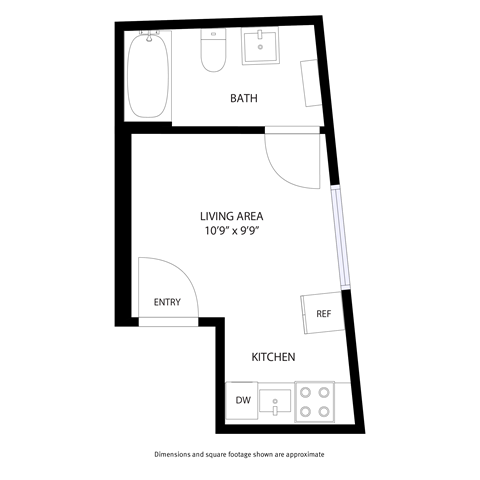 A floor plan of a small apartment with a living area, kitchen, bathroom, and entry.