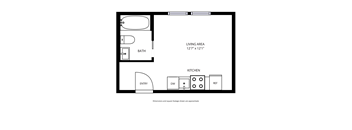 A floor plan of a small apartment with a living area, kitchen, bathroom, and entry.