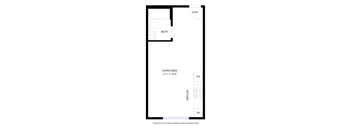 A floor plan of a small apartment with a living area, kitchen, and bathroom.