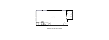 A floor plan of a living area with a kitchen and bathroom.