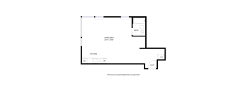 A floor plan of a house with a living area, kitchen, bathroom, and entry.