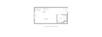 A floor plan of a small apartment with a kitchen, living area and bathroom.