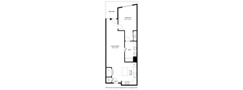 A floor plan of an apartment with a balcony, bedroom, living/dining area, bathroom, kitchen, and closet.