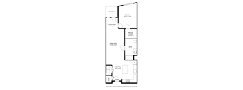 A floor plan of an apartment with a balcony, dining area, living area, kitchen, bath, and closet.