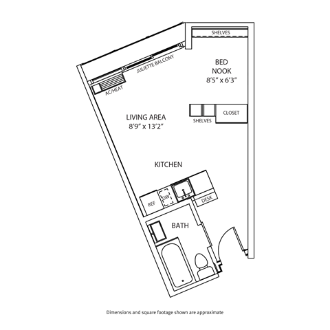 A floor plan of a small apartment with a bedroom, living area, kitchen, and bathroom.