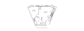 A floor plan of an apartment with a bedroom, living area, and bathroom.