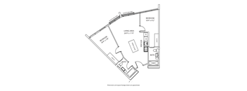 A drawing of a house layout with a living area, two bedrooms, a bath, a kitchen, and a closet.