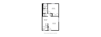 A floor plan of a small apartment with a bedroom, living area, kitchen, and dining area.