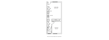 A drawing of a house floor plan with a living area, kitchen, bathroom and bedroom.