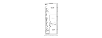 A drawing of a floor plan for a small apartment with a living area, kitchen, and two bedrooms.