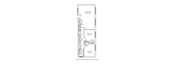 A drawing of a house floor plan with a living area, kitchen, two bedrooms and two closets.