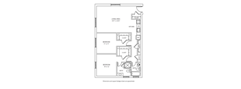 A drawing of a house floor plan with a living area, two bedrooms, a bathroom, a kitchen, and a closet.