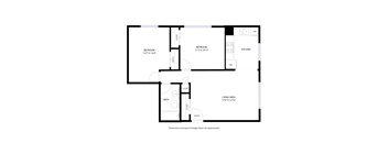 A floor plan of a house with a bedroom, bathroom, kitchen, and living area.