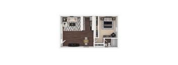 A 3D floor plan of a small apartment with a living room, kitchen, and bedroom.