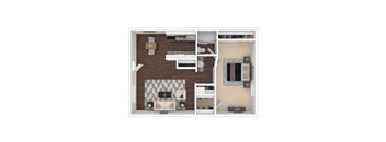 A top down view of a living room with a couch, coffee table, and a kitchen area.