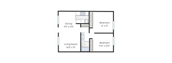 A floor plan of a small apartment with a living room, dining room, and two bedrooms.