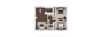 A top down view of a small apartment with a living room, kitchen, and bedroom.