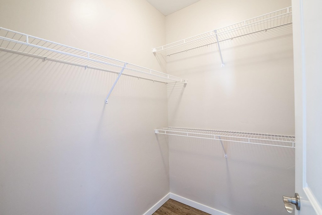 A white closet with shelves and a door.