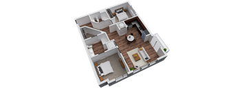 A 3D floor plan of a house with a central open space and surrounding rooms.
