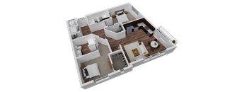A 3D rendered image of a house layout.