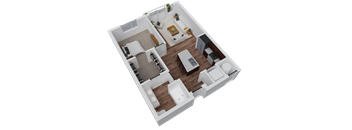 A 3D floor plan of a small apartment with a kitchen, living room, and bedroom.
