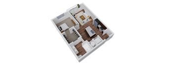A 3D floor plan of a house with a living room, kitchen, and two bedrooms.