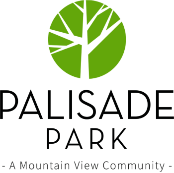 A logo for Palisade Park, a mountain view community, features a green circle with a tree in the center.