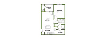 A floor plan of a small apartment with a living room, kitchen, bedroom, bathroom and closet.