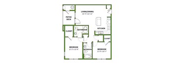 A floor plan of a house with a living/dining area, two bedrooms, a bathroom, a kitchen, and a closet.