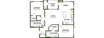 A floor plan of a small apartment with two bedrooms, a living area, a kitchen, a bathroom, and a closet.