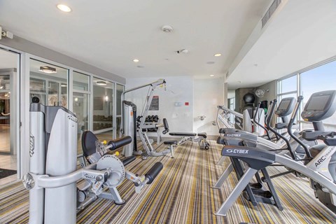 A gym with a variety of equipment including treadmills, stationary bikes, and weight machines.