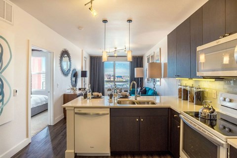 A modern kitchen with dark wood cabinets and stainless steel appliances.