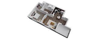 A top-down view of a house layout with a kitchen, living room, and bedrooms.