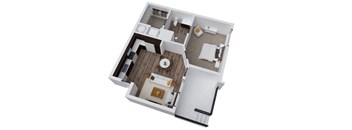 A 3D rendered image of a house layout.