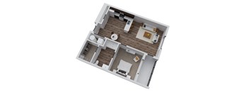 A 3D floor plan of a house with a kitchen, living room, and two bedrooms.