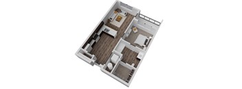 A top-down view of a house interior with a kitchen, living room, and bedrooms.
