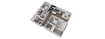 A 3D floor plan of a house with multiple rooms.