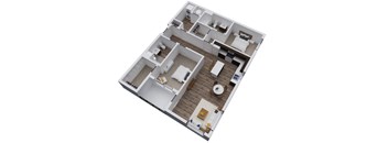 A top-down view of a house layout with a living room, kitchen, and two bedrooms.