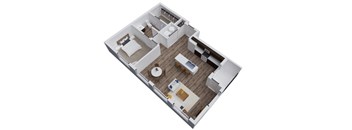 A top down view of a house interior with a kitchen, living room, and bathroom.